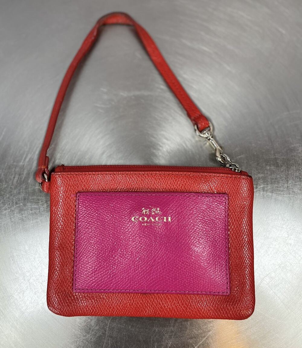 Coach Leather Wristlet Cardinal Pink Ruby Colorblock Zip Pouch Wallet